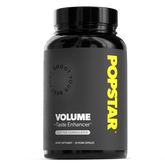 Black supplement bottle labeled 'Volume + Taste Enhancer' by Popstar on a white background